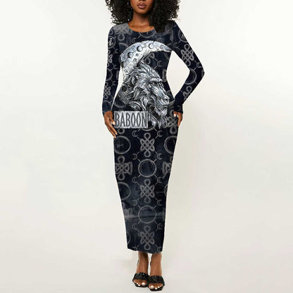 Khonsu Ancient Egyptian Long Sleeve Bodycon Dress with Dark Celtic Knot Pattern, Baboon Guardian Symbol, and Moon Healer Motif - African Pride