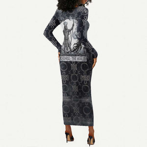 Khonsu Ancient Egyptian Long Sleeve Bodycon Dress with Dark Celtic Knot Pattern, Baboon Guardian Symbol, and Moon Healer Motif - African Pride
