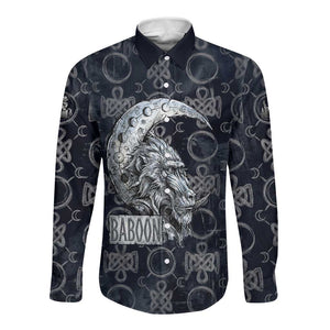 Khonsu Ancient Egyptian Long Sleeve Button Shirt with Dark Celtic Knot Pattern, Baboon Guardian Symbol, and Moon Healer Motif - African Pride