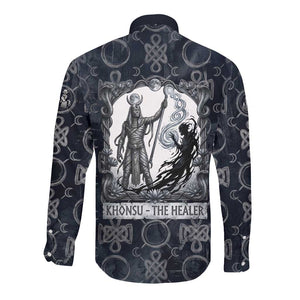 Khonsu Ancient Egyptian Long Sleeve Button Shirt with Dark Celtic Knot Pattern, Baboon Guardian Symbol, and Moon Healer Motif - African Pride