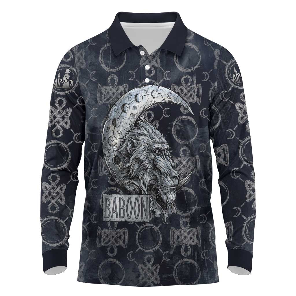 Khonsu Ancient Egyptian Long Sleeve Polo Shirt with Dark Celtic Knot Pattern, Baboon Guardian Symbol, and Moon Healer Motif - African Pride