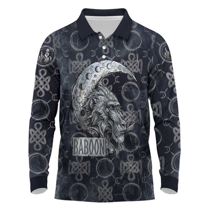 Khonsu Ancient Egyptian Long Sleeve Polo Shirt with Dark Celtic Knot Pattern, Baboon Guardian Symbol, and Moon Healer Motif - African Pride