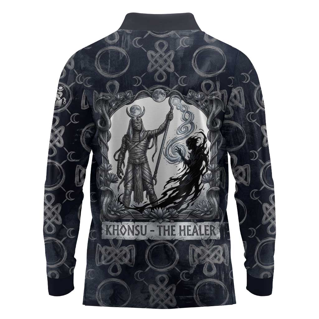 Khonsu Ancient Egyptian Long Sleeve Polo Shirt with Dark Celtic Knot Pattern, Baboon Guardian Symbol, and Moon Healer Motif - African Pride