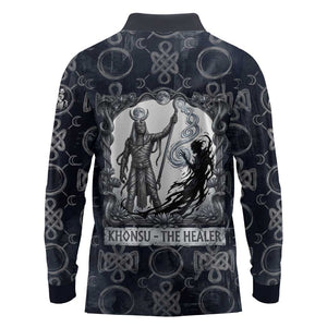Khonsu Ancient Egyptian Long Sleeve Polo Shirt with Dark Celtic Knot Pattern, Baboon Guardian Symbol, and Moon Healer Motif - African Pride