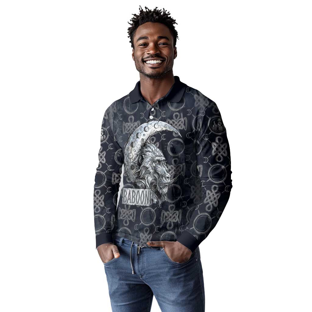 Khonsu Ancient Egyptian Long Sleeve Polo Shirt with Dark Celtic Knot Pattern, Baboon Guardian Symbol, and Moon Healer Motif - African Pride