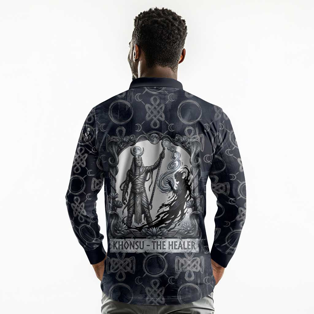 Khonsu Ancient Egyptian Long Sleeve Polo Shirt with Dark Celtic Knot Pattern, Baboon Guardian Symbol, and Moon Healer Motif - African Pride