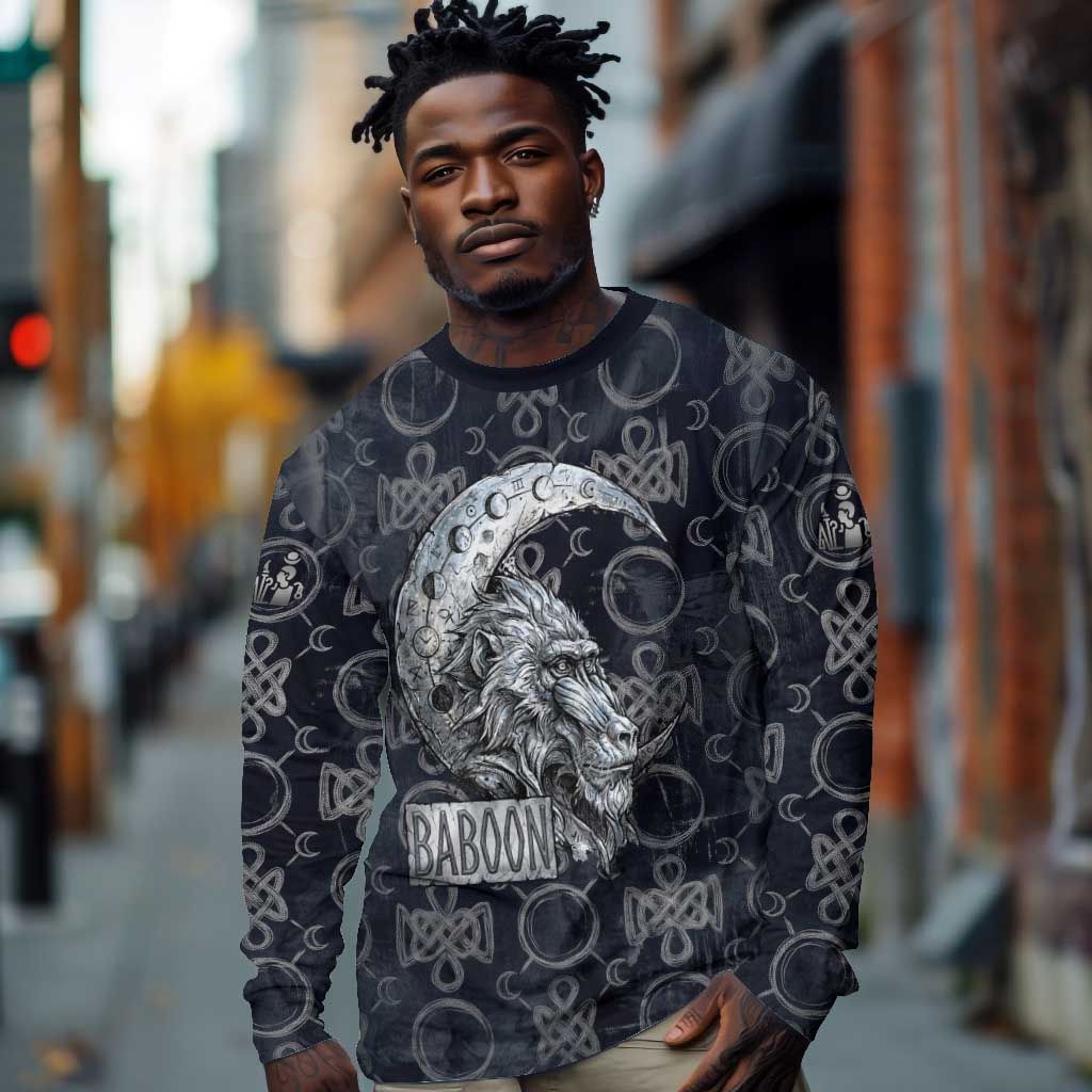 Khonsu Ancient Egyptian Long Sleeve Shirt with Dark Celtic Knot Pattern, Baboon Guardian Symbol, and Moon Healer Motif - African Pride