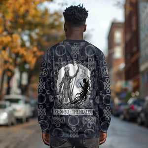 Khonsu Ancient Egyptian Long Sleeve Shirt with Dark Celtic Knot Pattern, Baboon Guardian Symbol, and Moon Healer Motif - African Pride