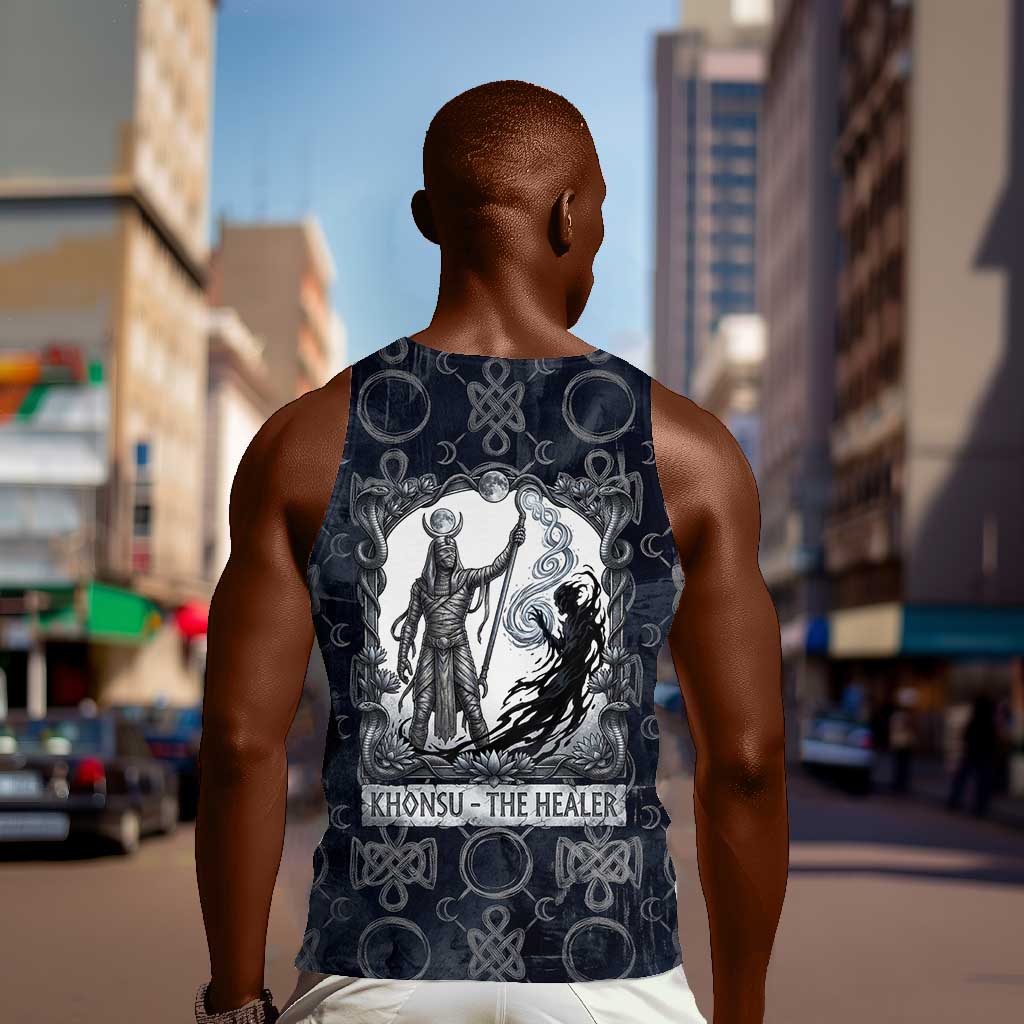 Khonsu Ancient Egyptian Men Tank Top with Dark Celtic Knot Pattern, Baboon Guardian Symbol, and Moon Healer Motif - African Pride