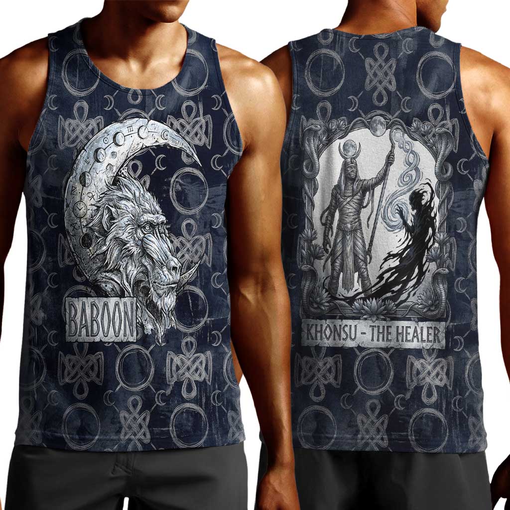 Khonsu Ancient Egyptian Men Tank Top with Dark Celtic Knot Pattern, Baboon Guardian Symbol, and Moon Healer Motif - African Pride