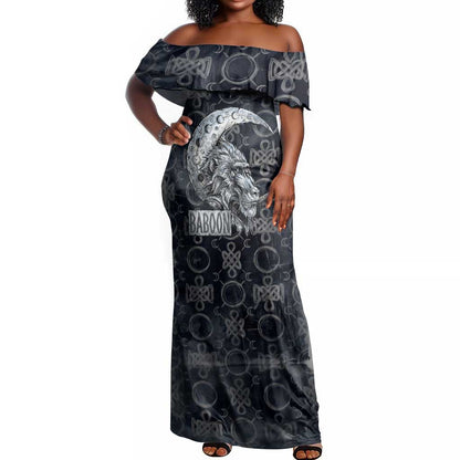 Khonsu Ancient Egyptian Off Shoulder Maxi Dress with Dark Celtic Knot Pattern, Baboon Guardian Symbol, and Moon Healer Motif - African Pride