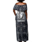 Khonsu Ancient Egyptian Off Shoulder Maxi Dress with Dark Celtic Knot Pattern, Baboon Guardian Symbol, and Moon Healer Motif - African Pride