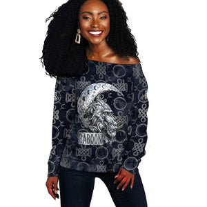 Khonsu Ancient Egyptian Off Shoulder Sweater with Dark Celtic Knot Pattern, Baboon Guardian Symbol, and Moon Healer Motif - African Pride