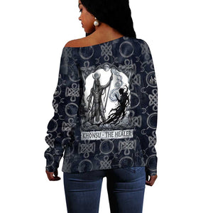 Khonsu Ancient Egyptian Off Shoulder Sweater with Dark Celtic Knot Pattern, Baboon Guardian Symbol, and Moon Healer Motif - African Pride