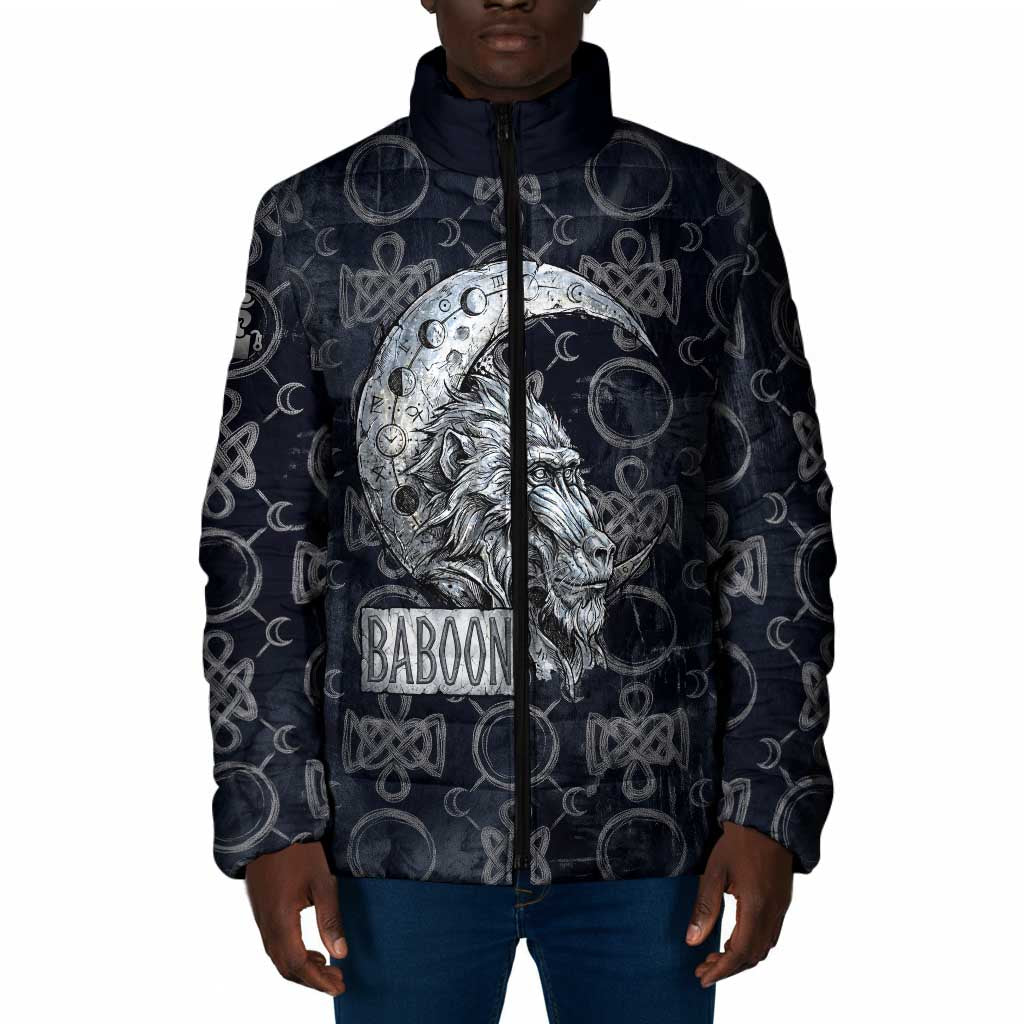 Khonsu Ancient Egyptian Padded Jacket with Dark Celtic Knot Pattern, Baboon Guardian Symbol, and Moon Healer Motif - African Pride
