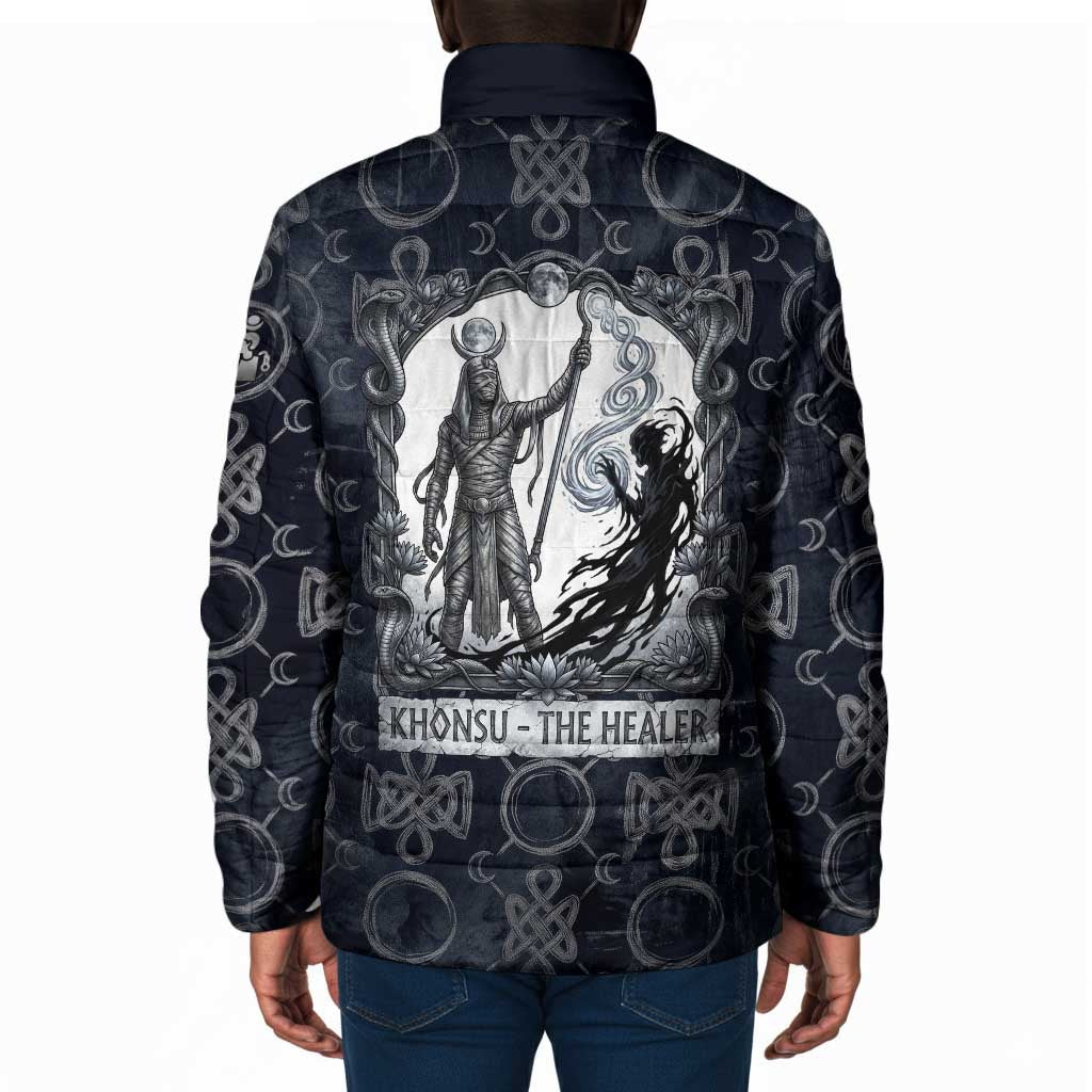 Khonsu Ancient Egyptian Padded Jacket with Dark Celtic Knot Pattern, Baboon Guardian Symbol, and Moon Healer Motif - African Pride
