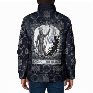 Khonsu Ancient Egyptian Padded Jacket with Dark Celtic Knot Pattern, Baboon Guardian Symbol, and Moon Healer Motif - African Pride