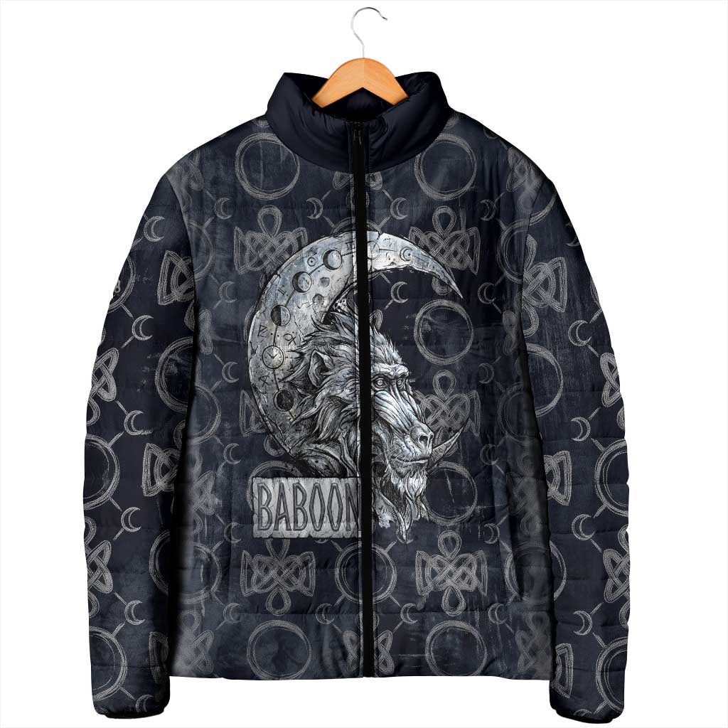 Khonsu Ancient Egyptian Padded Jacket with Dark Celtic Knot Pattern, Baboon Guardian Symbol, and Moon Healer Motif - African Pride