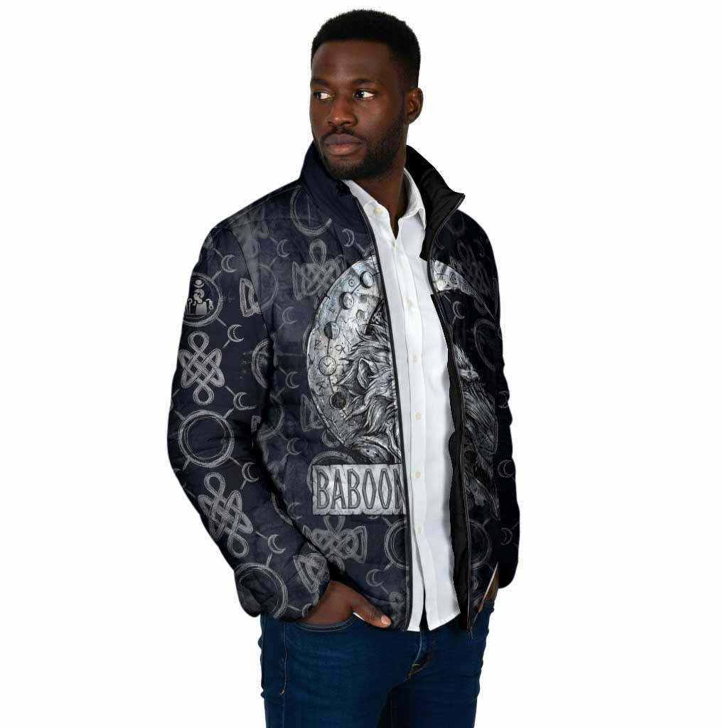 Khonsu Ancient Egyptian Padded Jacket with Dark Celtic Knot Pattern, Baboon Guardian Symbol, and Moon Healer Motif - African Pride
