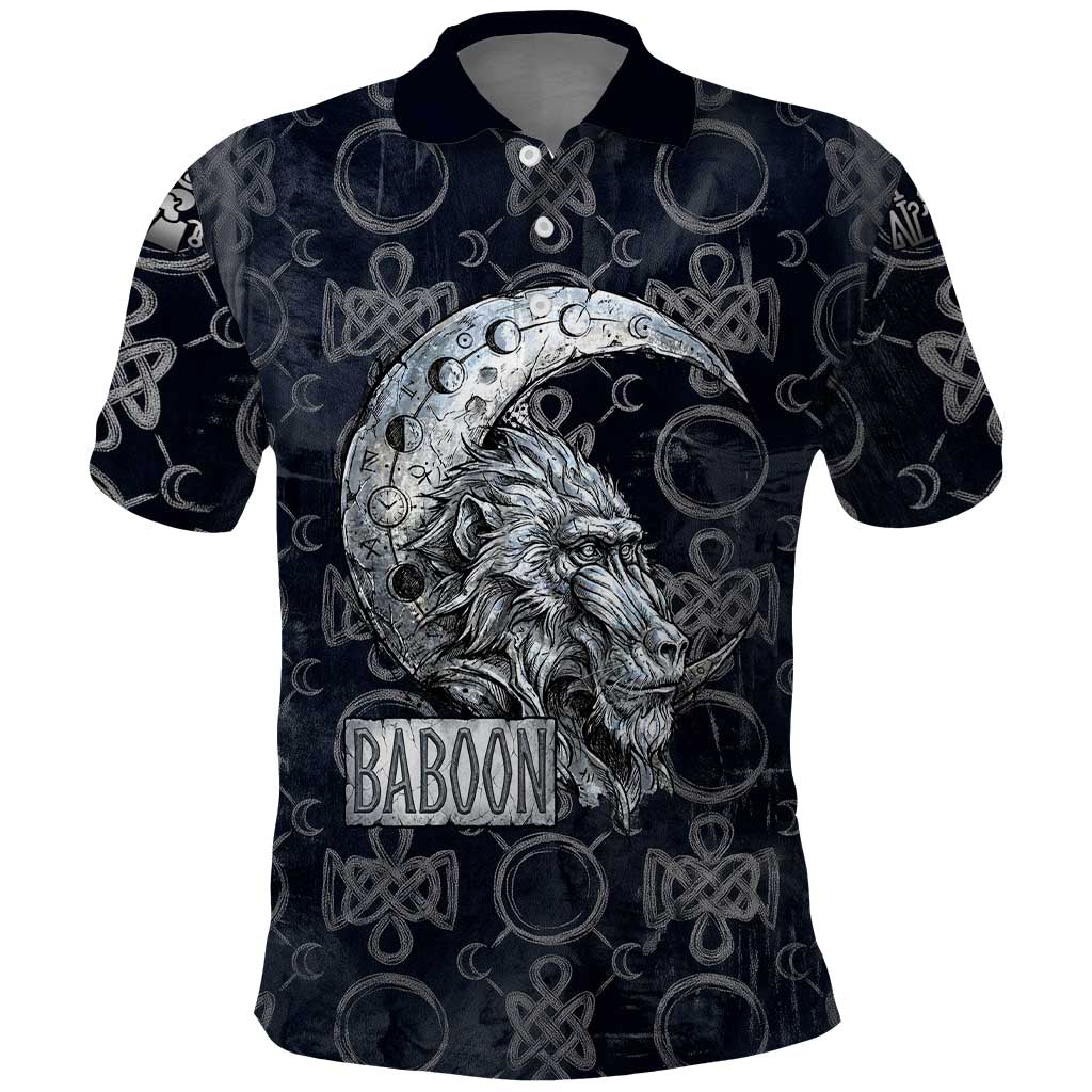 Khonsu Ancient Egyptian Polo Shirt with Dark Celtic Knot Pattern, Baboon Guardian Symbol, and Moon Healer Motif - African Pride