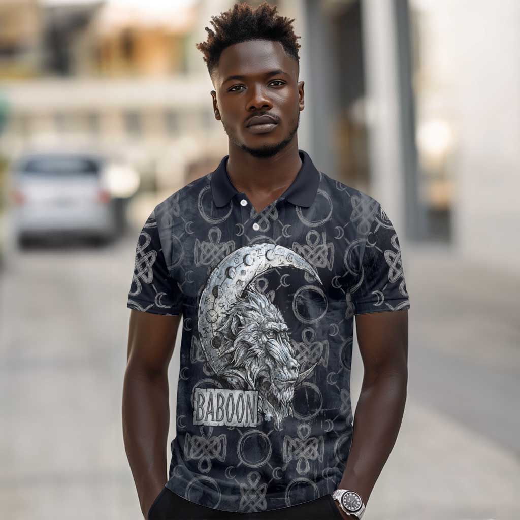 Khonsu Ancient Egyptian Polo Shirt with Dark Celtic Knot Pattern, Baboon Guardian Symbol, and Moon Healer Motif - African Pride