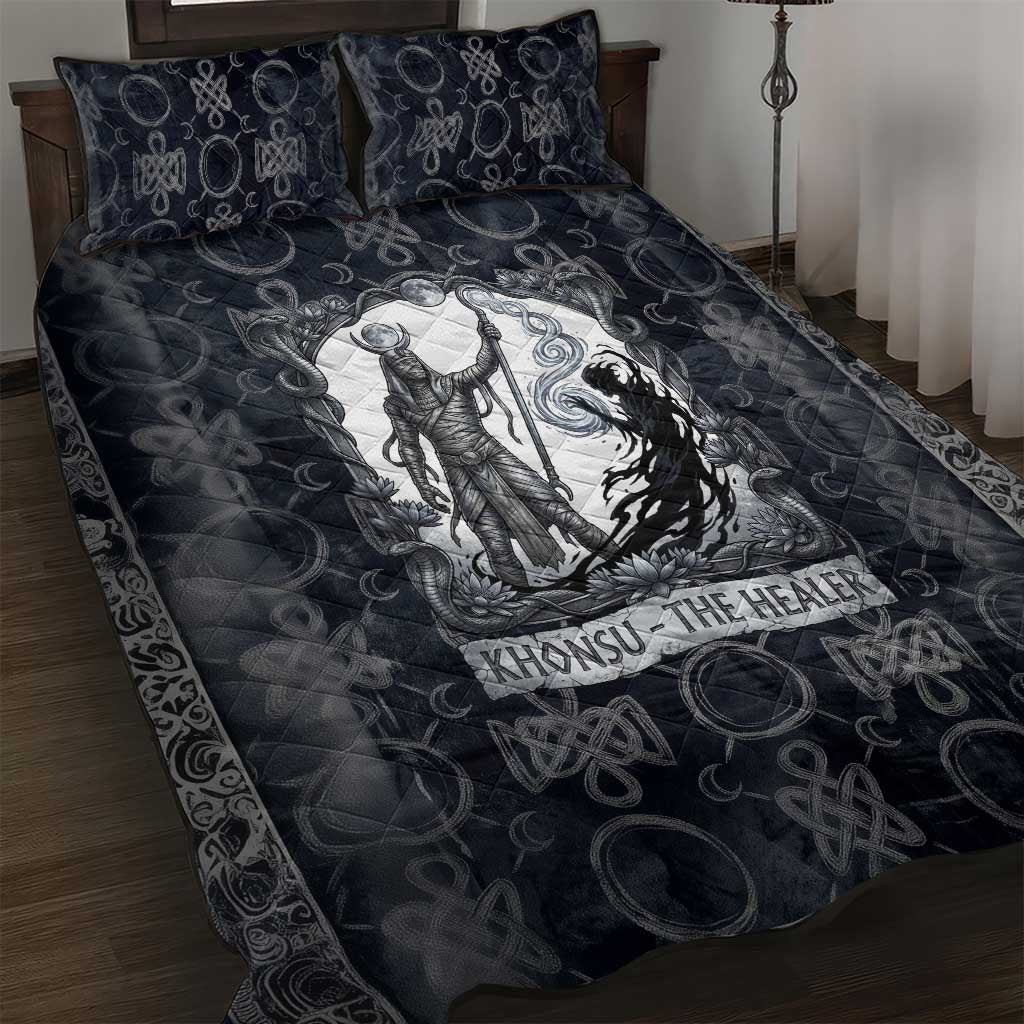 Khonsu Ancient Egyptian Quilt Bed Set with Dark Celtic Knot Pattern, Baboon Guardian Symbol, and Moon Healer Motif - African Pride