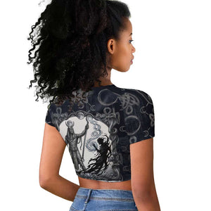 Khonsu Ancient Egyptian Raglan Cropped T shirt with Dark Celtic Knot Pattern, Baboon Guardian Symbol, and Moon Healer Motif - African Pride