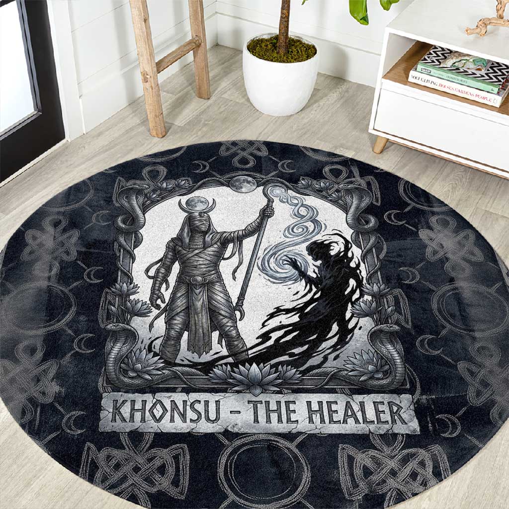 Khonsu Ancient Egyptian Round Carpet with Dark Celtic Knot Pattern, Baboon Guardian Symbol, and Moon Healer Motif - African Pride