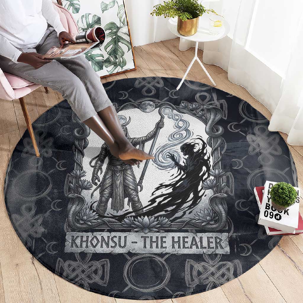 Khonsu Ancient Egyptian Round Carpet with Dark Celtic Knot Pattern, Baboon Guardian Symbol, and Moon Healer Motif - African Pride