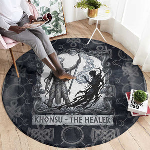 Khonsu Ancient Egyptian Round Carpet with Dark Celtic Knot Pattern, Baboon Guardian Symbol, and Moon Healer Motif - African Pride