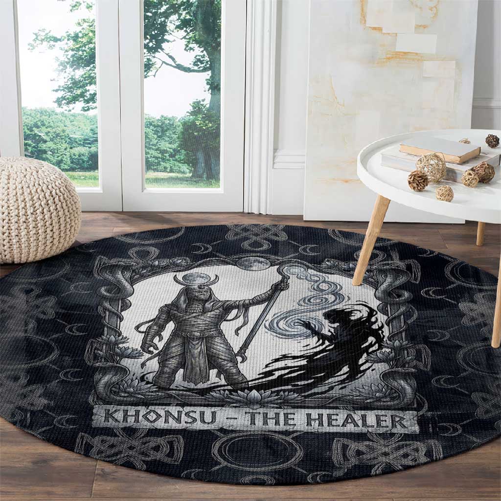 Khonsu Ancient Egyptian Round Carpet with Dark Celtic Knot Pattern, Baboon Guardian Symbol, and Moon Healer Motif - African Pride