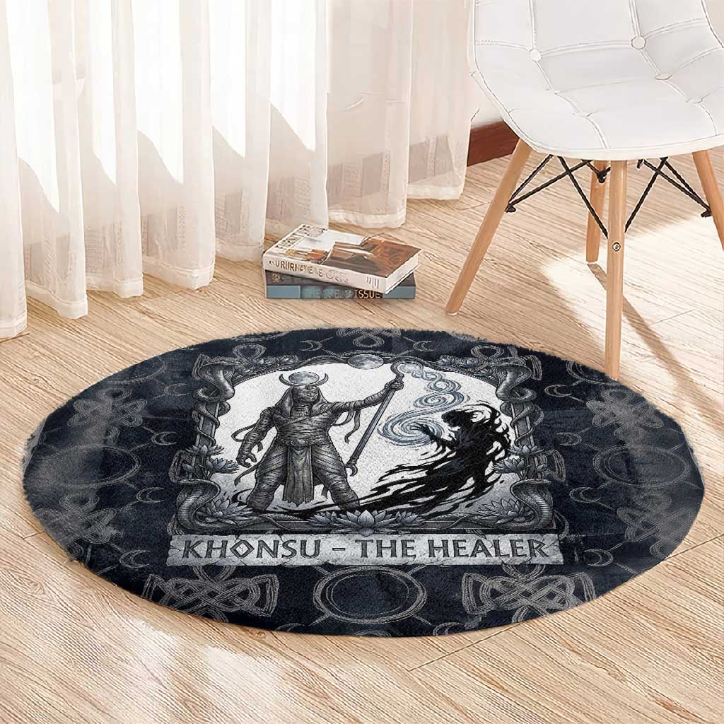 Khonsu Ancient Egyptian Round Carpet with Dark Celtic Knot Pattern, Baboon Guardian Symbol, and Moon Healer Motif - African Pride