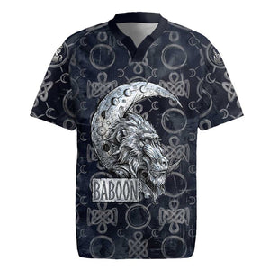 Khonsu Ancient Egyptian Rugby Jersey with Dark Celtic Knot Pattern, Baboon Guardian Symbol, and Moon Healer Motif - African Pride