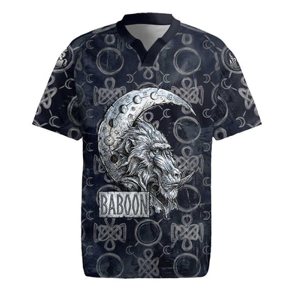 Khonsu Ancient Egyptian Rugby Jersey with Dark Celtic Knot Pattern, Baboon Guardian Symbol, and Moon Healer Motif - African Pride