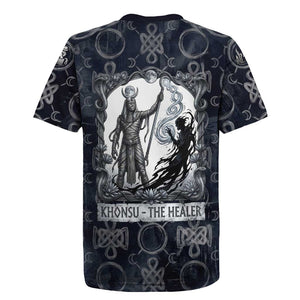 Khonsu Ancient Egyptian Rugby Jersey with Dark Celtic Knot Pattern, Baboon Guardian Symbol, and Moon Healer Motif - African Pride