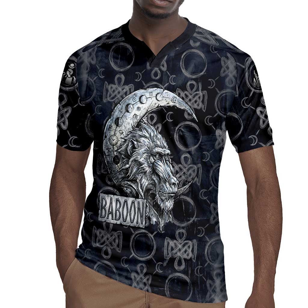 Khonsu Ancient Egyptian Rugby Jersey with Dark Celtic Knot Pattern, Baboon Guardian Symbol, and Moon Healer Motif - African Pride