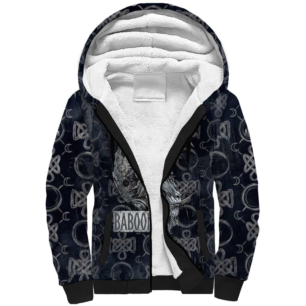 Khonsu Ancient Egyptian Sherpa Hoodie with Dark Celtic Knot Pattern, Baboon Guardian Symbol, and Moon Healer Motif - African Pride