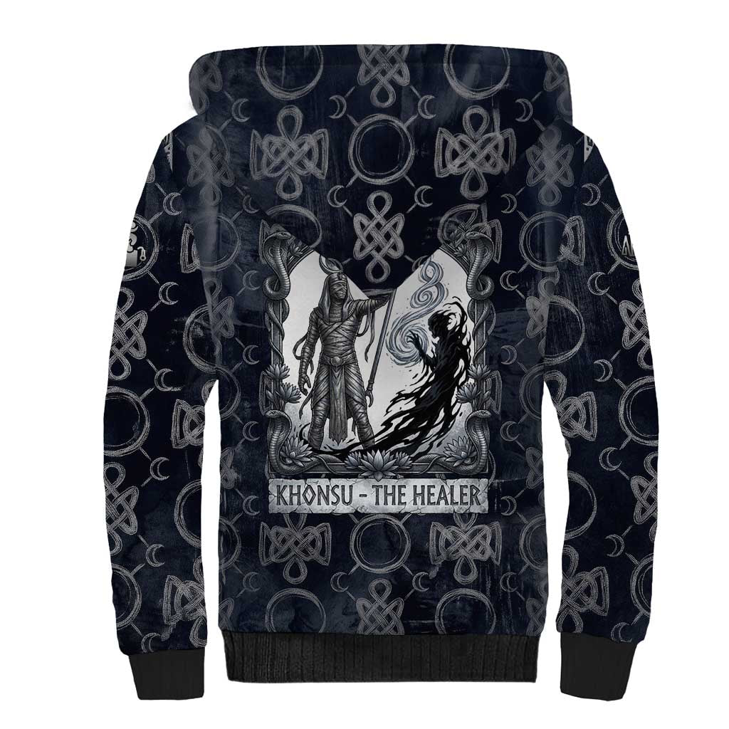Khonsu Ancient Egyptian Sherpa Hoodie with Dark Celtic Knot Pattern, Baboon Guardian Symbol, and Moon Healer Motif - African Pride