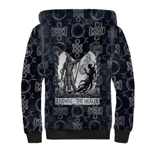 Khonsu Ancient Egyptian Sherpa Hoodie with Dark Celtic Knot Pattern, Baboon Guardian Symbol, and Moon Healer Motif - African Pride