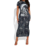 Khonsu Ancient Egyptian Short Sleeve Bodycon Dress with Dark Celtic Knot Pattern, Baboon Guardian Symbol, and Moon Healer Motif - African Pride