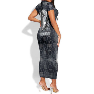 Khonsu Ancient Egyptian Short Sleeve Bodycon Dress with Dark Celtic Knot Pattern, Baboon Guardian Symbol, and Moon Healer Motif - African Pride