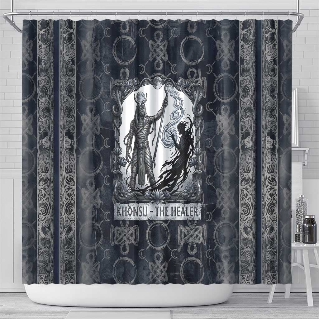 Khonsu Ancient Egyptian Shower Curtain with Dark Celtic Knot Pattern, Baboon Guardian Symbol, and Moon Healer Motif - African Pride