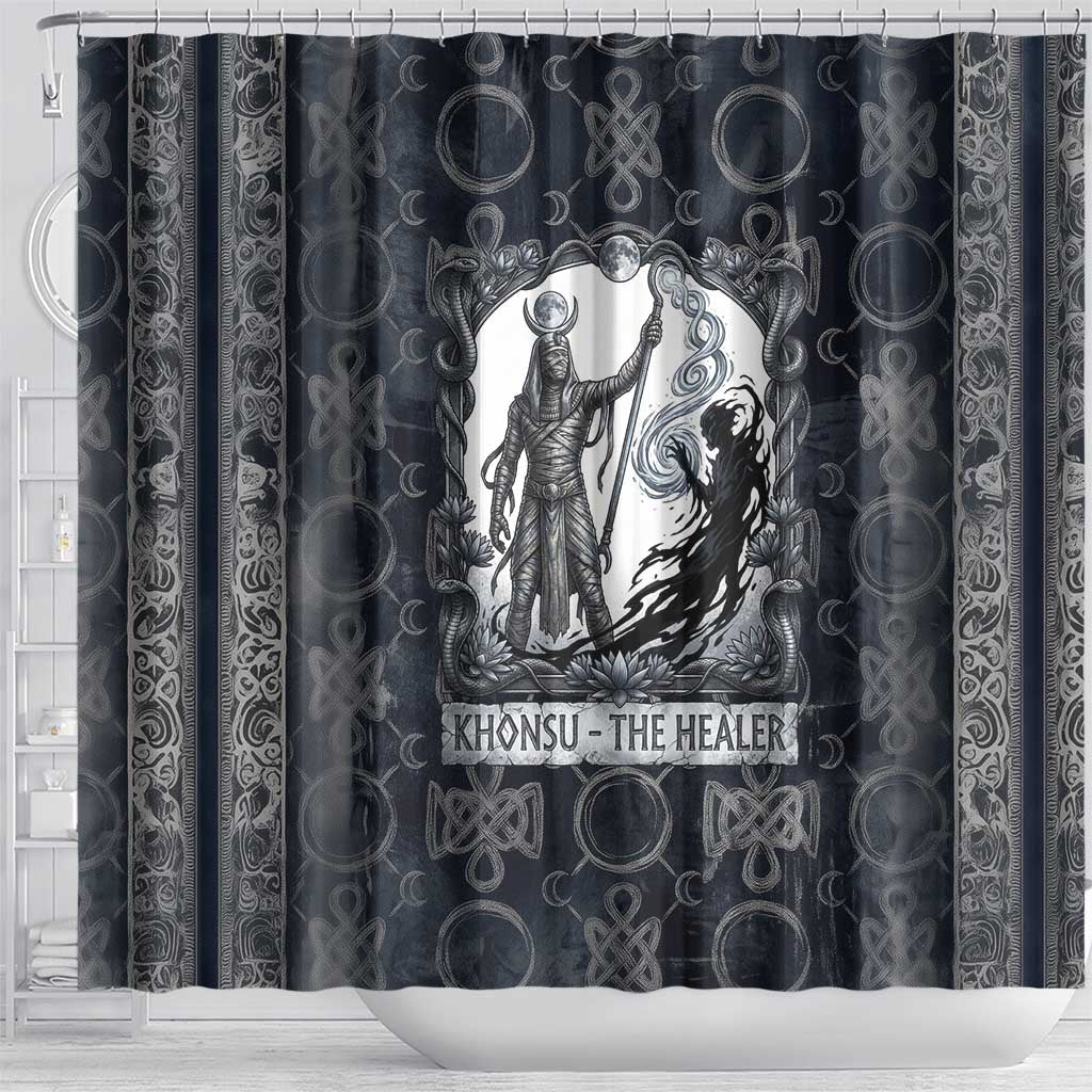 Khonsu Ancient Egyptian Shower Curtain with Dark Celtic Knot Pattern, Baboon Guardian Symbol, and Moon Healer Motif - African Pride