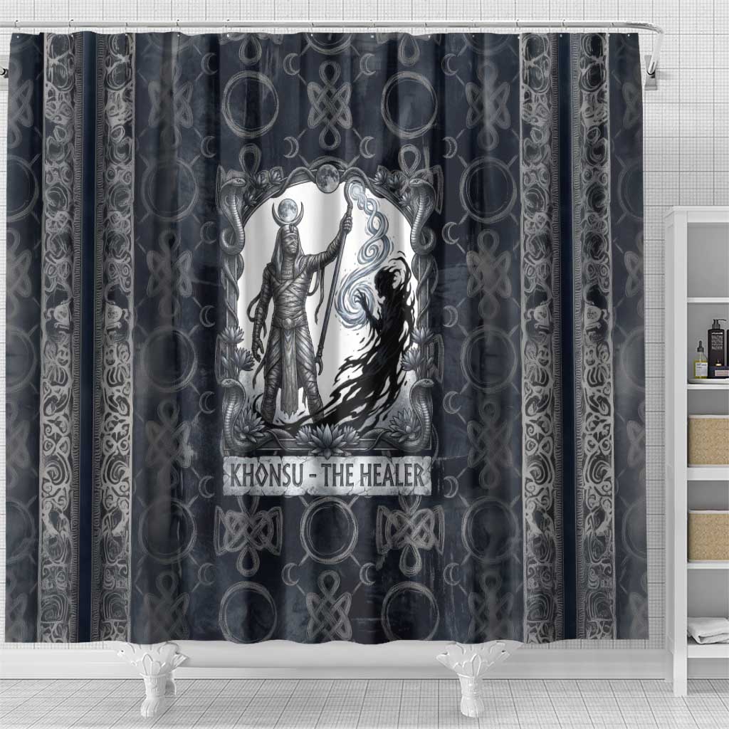 Khonsu Ancient Egyptian Shower Curtain with Dark Celtic Knot Pattern, Baboon Guardian Symbol, and Moon Healer Motif - African Pride