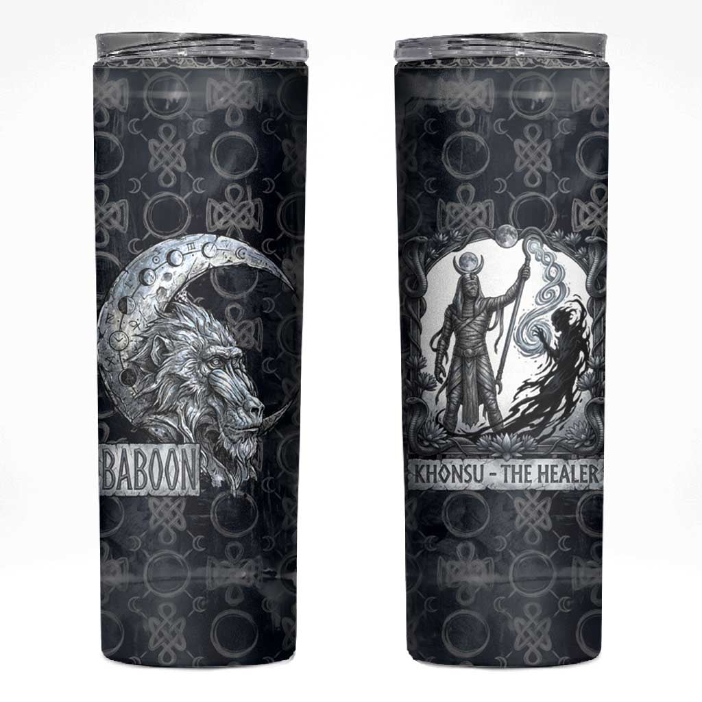 Khonsu Ancient Egyptian Skinny Tumbler with Dark Celtic Knot Pattern, Baboon Guardian Symbol, and Moon Healer Motif - African Pride