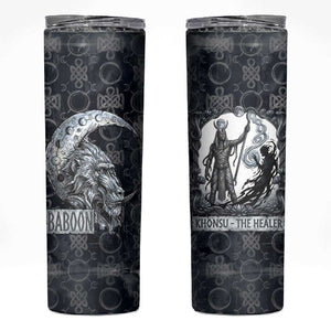Khonsu Ancient Egyptian Skinny Tumbler with Dark Celtic Knot Pattern, Baboon Guardian Symbol, and Moon Healer Motif - African Pride