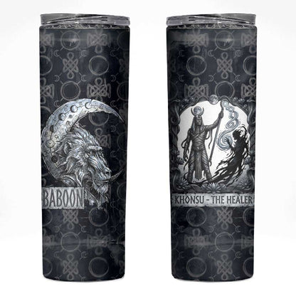 Khonsu Ancient Egyptian Skinny Tumbler with Dark Celtic Knot Pattern, Baboon Guardian Symbol, and Moon Healer Motif - African Pride