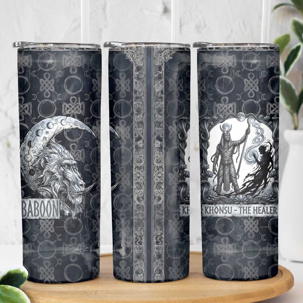 Khonsu Ancient Egyptian Skinny Tumbler with Dark Celtic Knot Pattern, Baboon Guardian Symbol, and Moon Healer Motif - African Pride