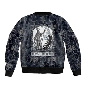 Khonsu Ancient Egyptian Sleeve Zip Bomber Jacket with Dark Celtic Knot Pattern, Baboon Guardian Symbol, and Moon Healer Motif - African Pride