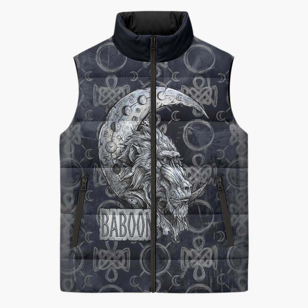 Khonsu Ancient Egyptian Sleeveless Puffer Jacket with Dark Celtic Knot Pattern, Baboon Guardian Symbol, and Moon Healer Motif - African Pride